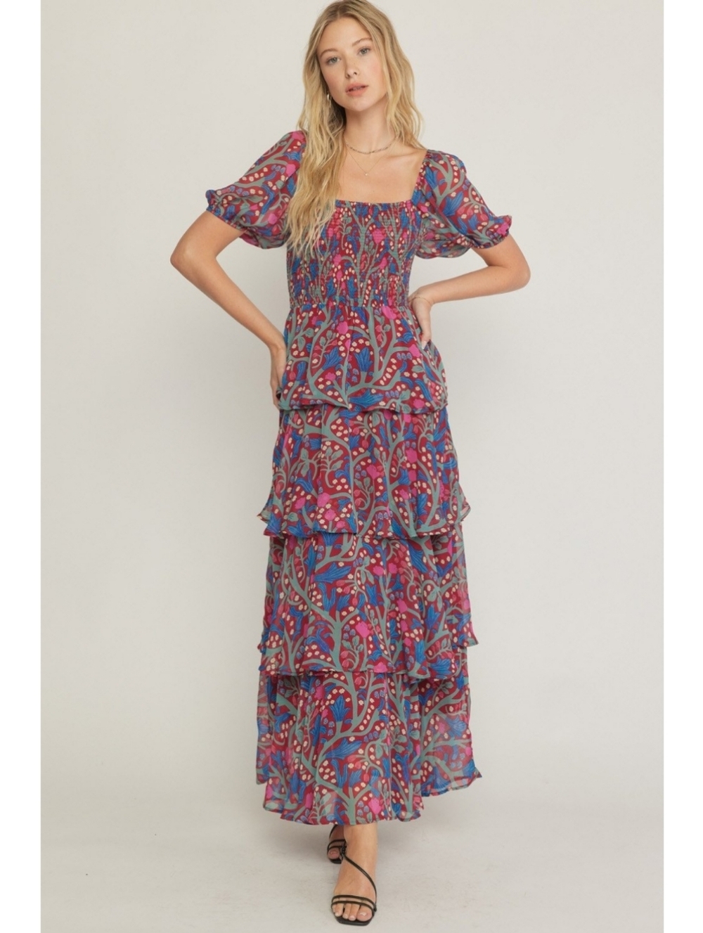 Entro Floral Tiered Maxi Dress L Puff Sleeve Smocked Cottagecore Boho - Picture 6 of 16